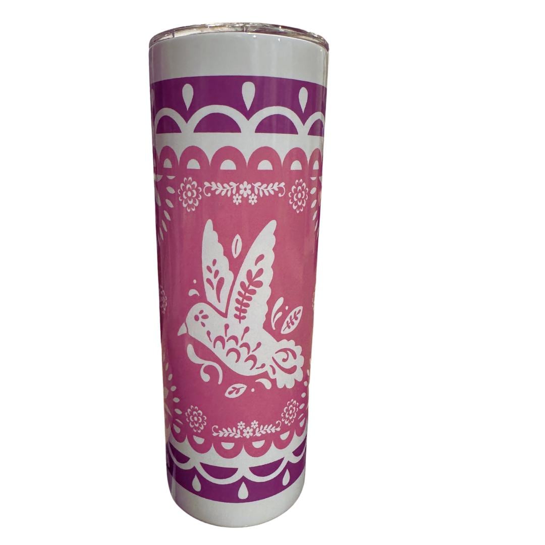 Unbreakable Spirit: 20 oz Insulated Stainless Steel Tumbler with Papel Picado Bird Design, Inspirational Latino Drinkware